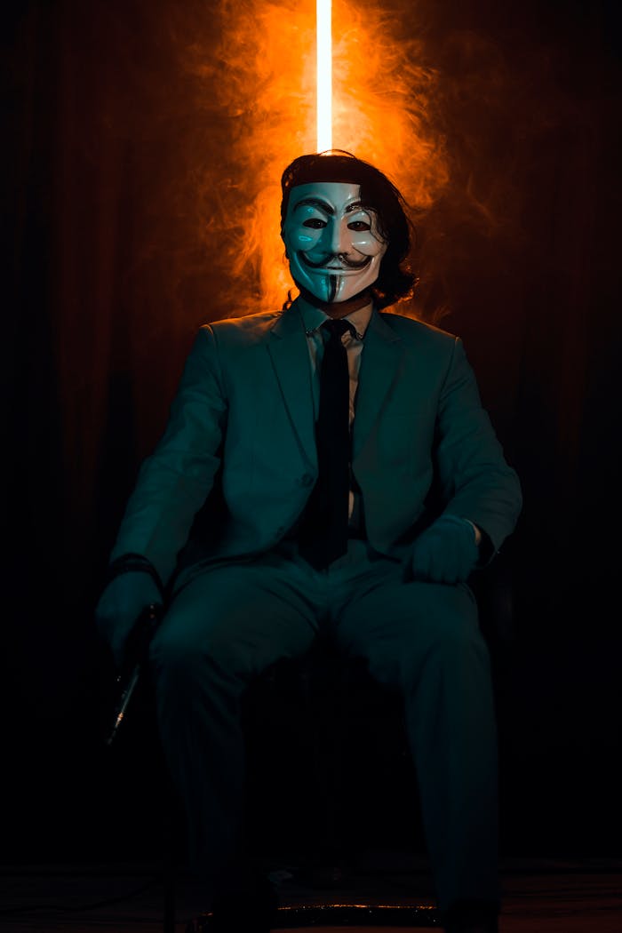 Portrait of a person in a Guy Fawkes mask seated in a dark setting with dramatic lighting.